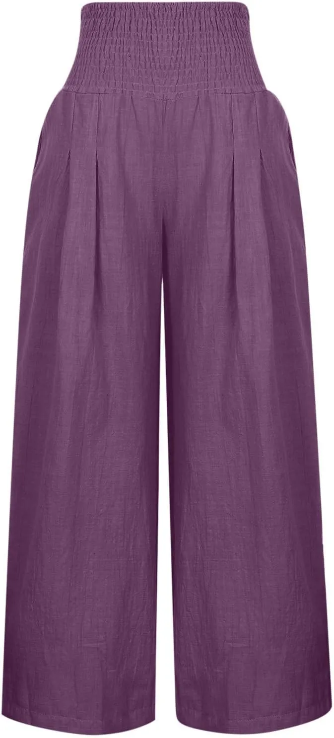 Womens Cotton Linen Palazzo Pants Loose Elastic High Waist Trousers Wide Leg Beach Pant Solid Vacation Casual Outfits