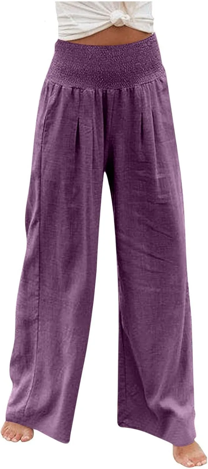 Womens Cotton Linen Palazzo Pants Loose Elastic High Waist Trousers Wide Leg Beach Pant Solid Vacation Casual Outfits