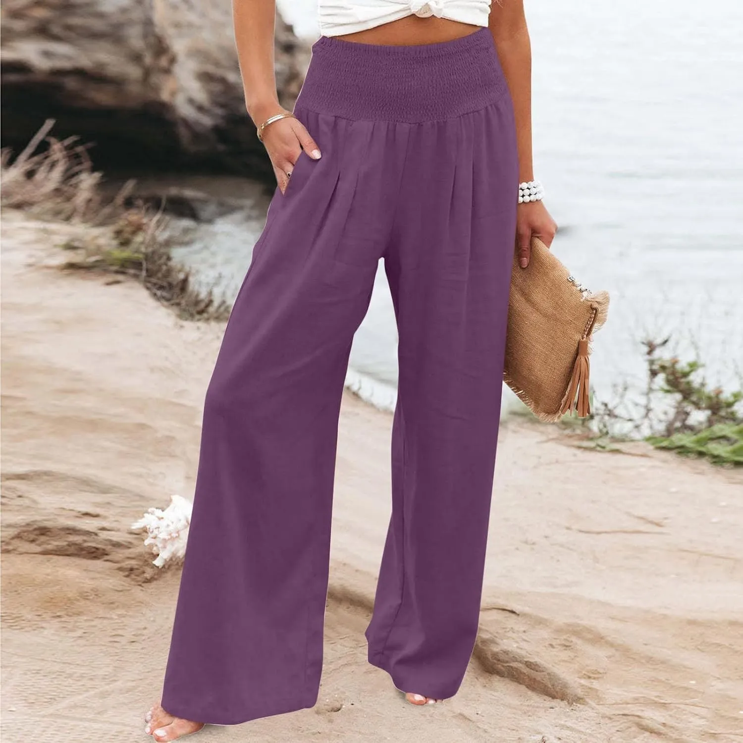 Womens Cotton Linen Palazzo Pants Loose Elastic High Waist Trousers Wide Leg Beach Pant Solid Vacation Casual Outfits