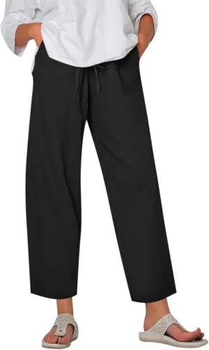 Women's Cotton Linen Pants Summer Wide Leg Casual Loose Drawstring High Waist Palazzo Pants Trousers w Pockets