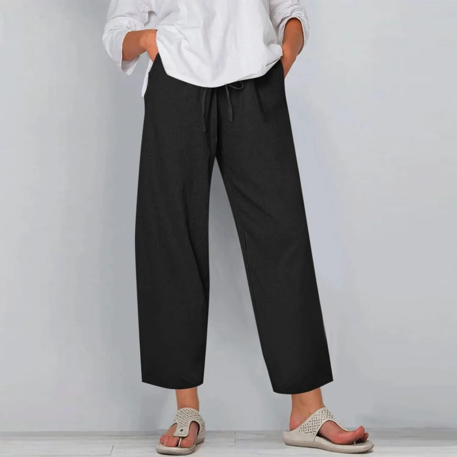 Women's Cotton Linen Pants Summer Wide Leg Casual Loose Drawstring High Waist Palazzo Pants Trousers w Pockets