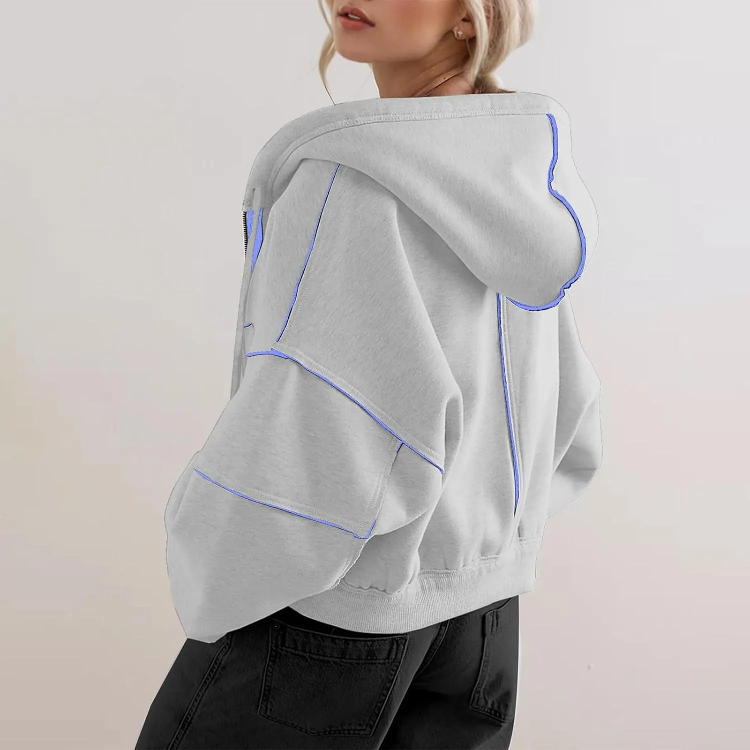 Womens Cropped Hooded Sweatshirts Fall Winter Trendy Y2k Ligthweight Jackets Oversized Long Sleeve Zip Up Coats