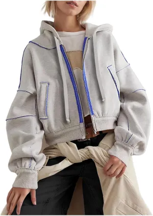 Womens Cropped Hooded Sweatshirts Fall Winter Trendy Y2k Ligthweight Jackets Oversized Long Sleeve Zip Up Coats