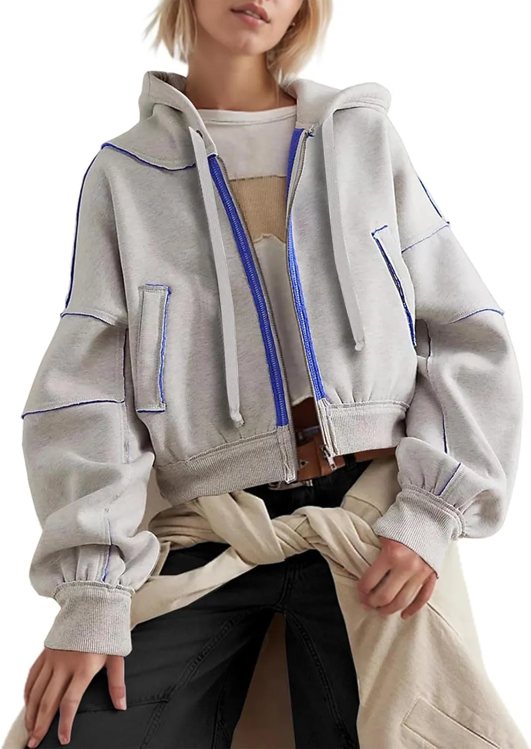 Womens Cropped Hooded Sweatshirts Fall Winter Trendy Y2k Ligthweight Jackets Oversized Long Sleeve Zip Up Coats