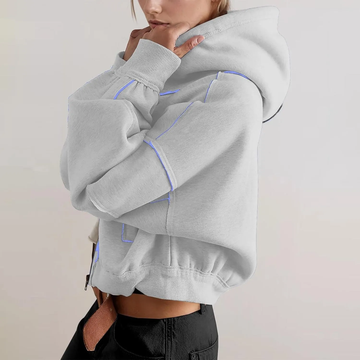 Womens Cropped Hooded Sweatshirts Fall Winter Trendy Y2k Ligthweight Jackets Oversized Long Sleeve Zip Up Coats