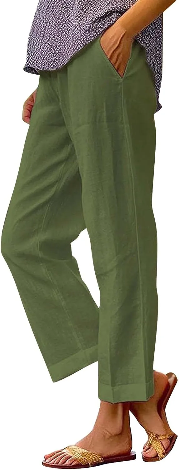 Womens Cropped Linen Pants Summer Elastic Waist Straight Leg Plus Size Crop Pants Casual Beach Trousers with Pockets