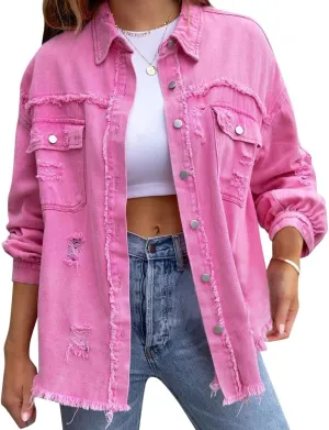Women's Denim Jackets Ripped Distressed Denim Jackets Long Sleeve Casual Jean Coat Basic Trucker Jackets