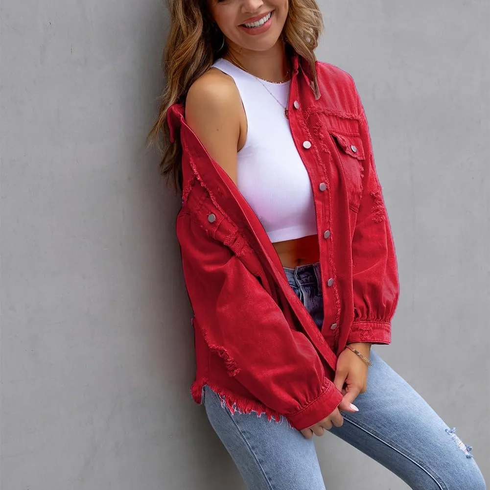 Women's Denim Jackets Ripped Distressed Denim Jackets Long Sleeve Casual Jean Coat Basic Trucker Jackets