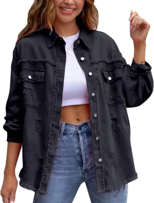 Women's Denim Jackets Ripped Distressed Denim Jackets Long Sleeve Casual Jean Coat Basic Trucker Jackets