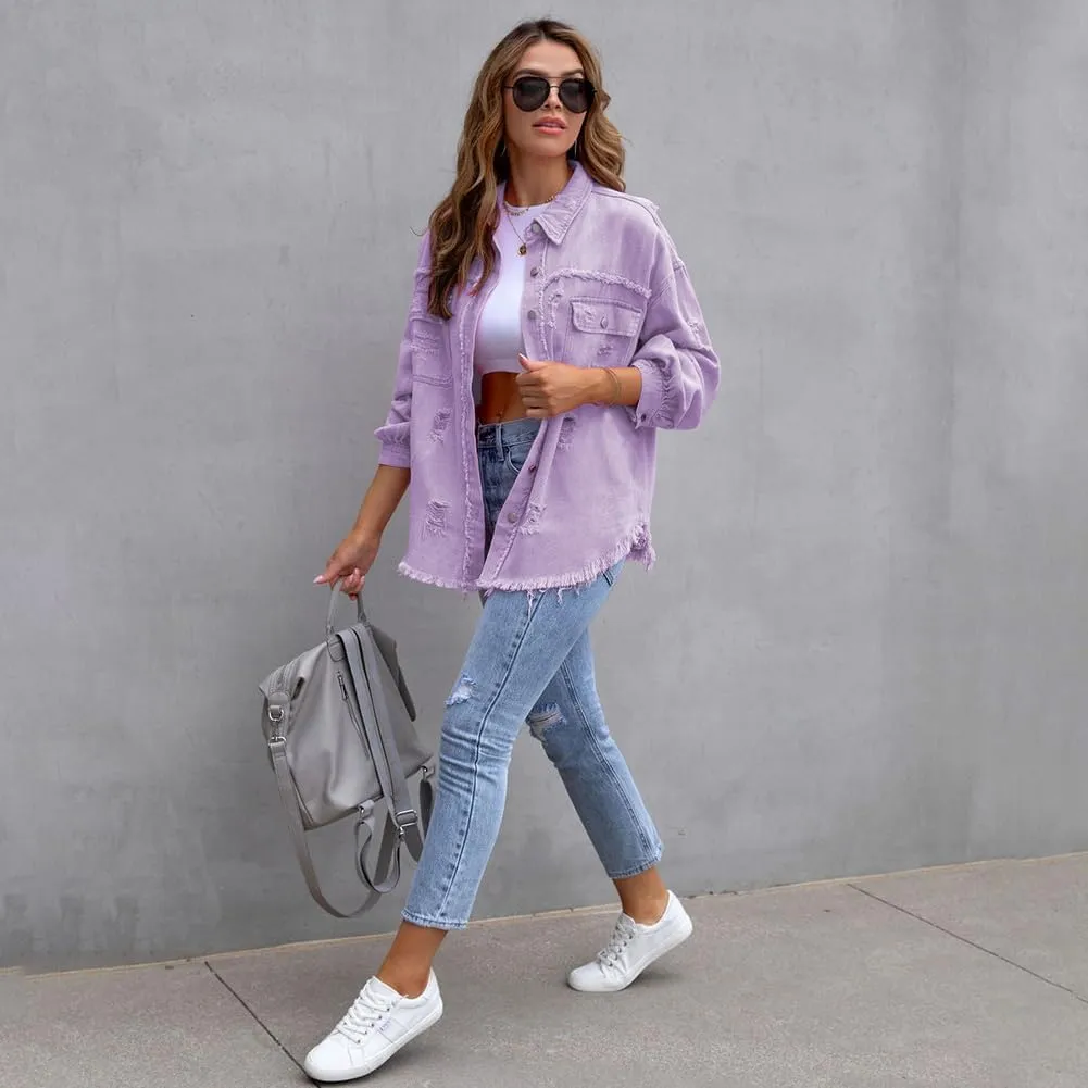 Women's Denim Jackets Ripped Distressed Denim Jackets Long Sleeve Casual Jean Coat Basic Trucker Jackets