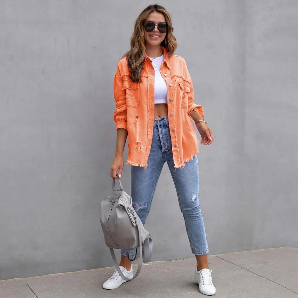 Women's Denim Jackets Ripped Distressed Denim Jackets Long Sleeve Casual Jean Coat Basic Trucker Jackets