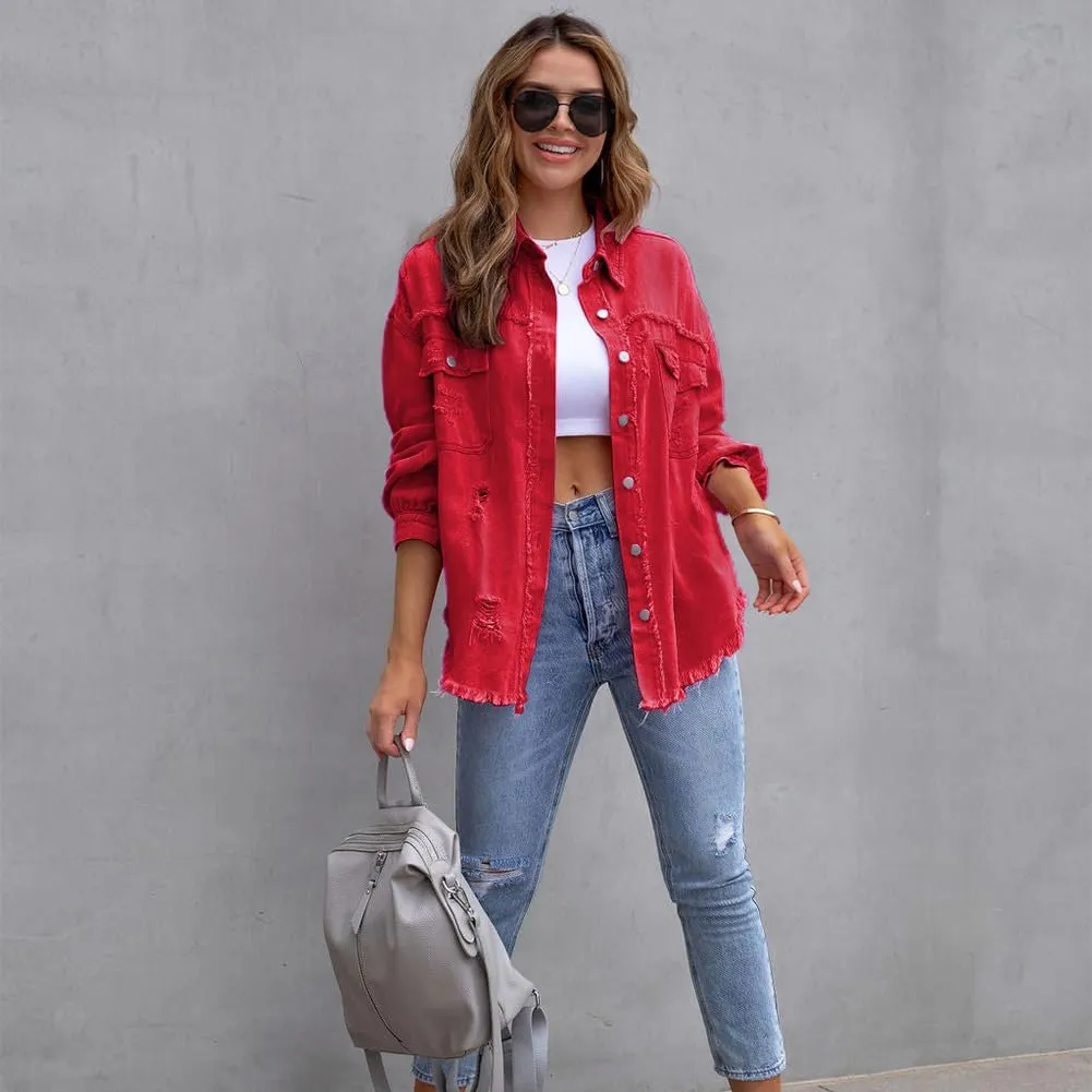 Women's Denim Jackets Ripped Distressed Denim Jackets Long Sleeve Casual Jean Coat Basic Trucker Jackets