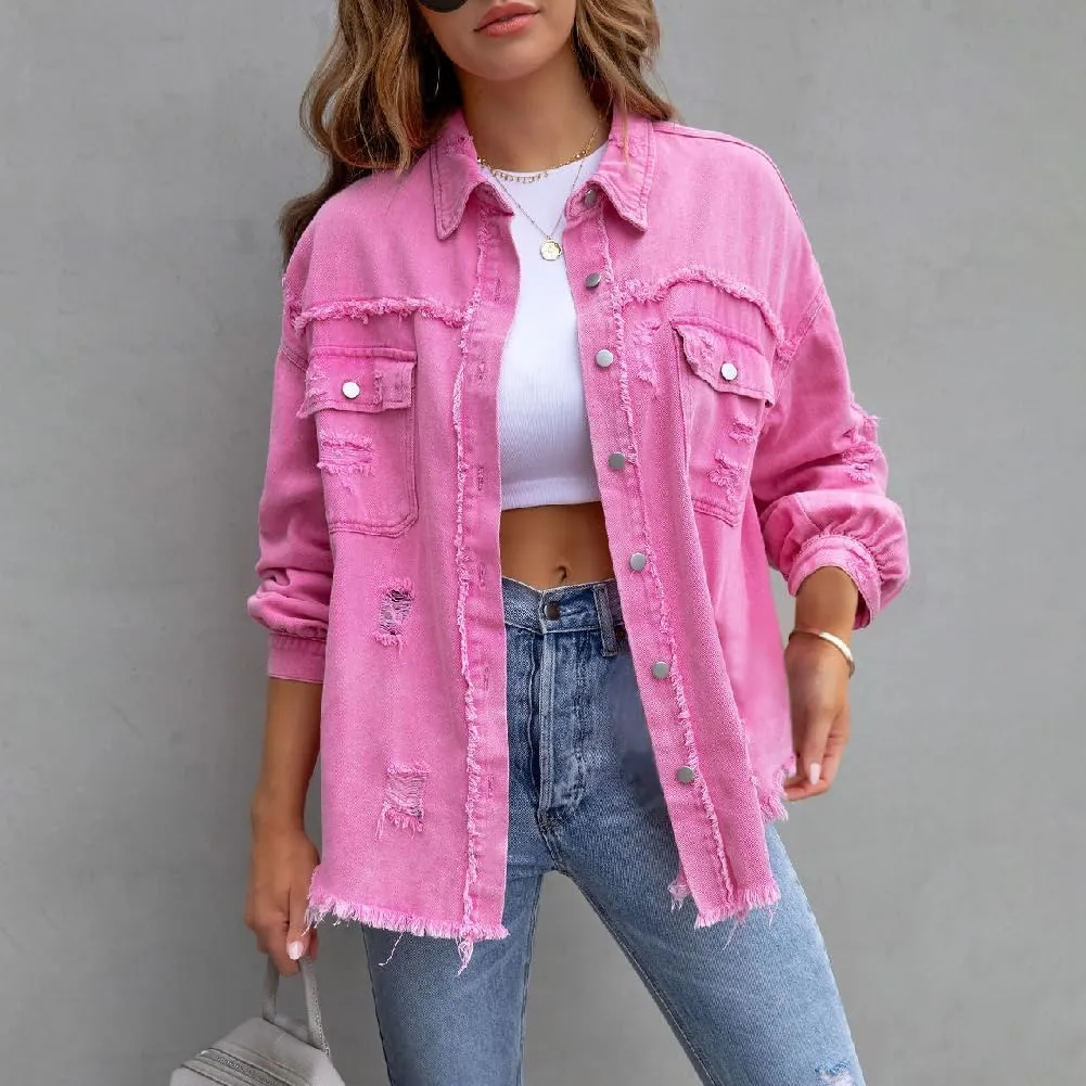 Women's Denim Jackets Ripped Distressed Denim Jackets Long Sleeve Casual Jean Coat Basic Trucker Jackets