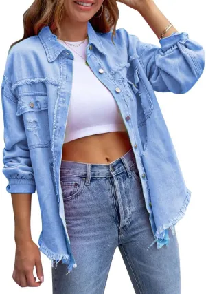Women's Denim Jackets Ripped Distressed Denim Jackets Long Sleeve Casual Jean Coat Basic Trucker Jackets