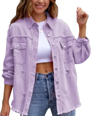 Women's Denim Jackets Ripped Distressed Denim Jackets Long Sleeve Casual Jean Coat Basic Trucker Jackets
