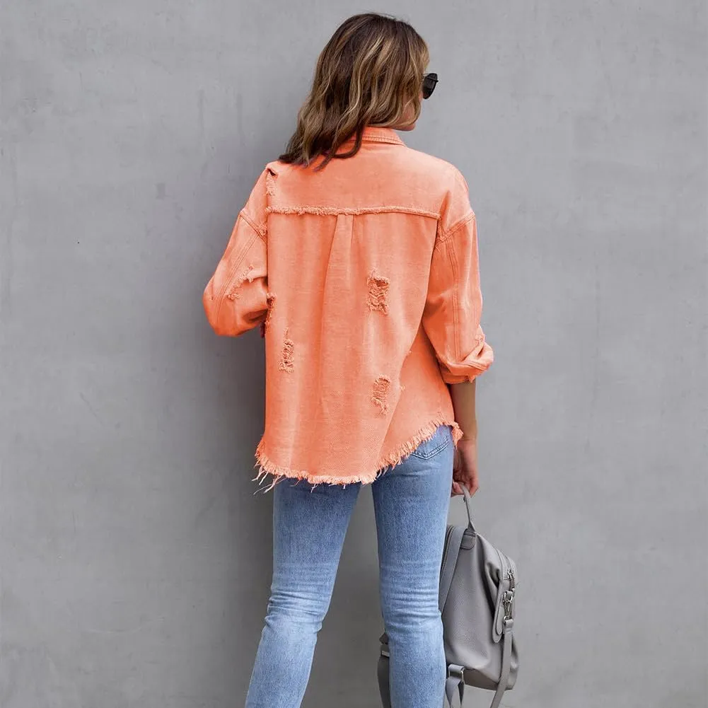 Women's Denim Jackets Ripped Distressed Denim Jackets Long Sleeve Casual Jean Coat Basic Trucker Jackets