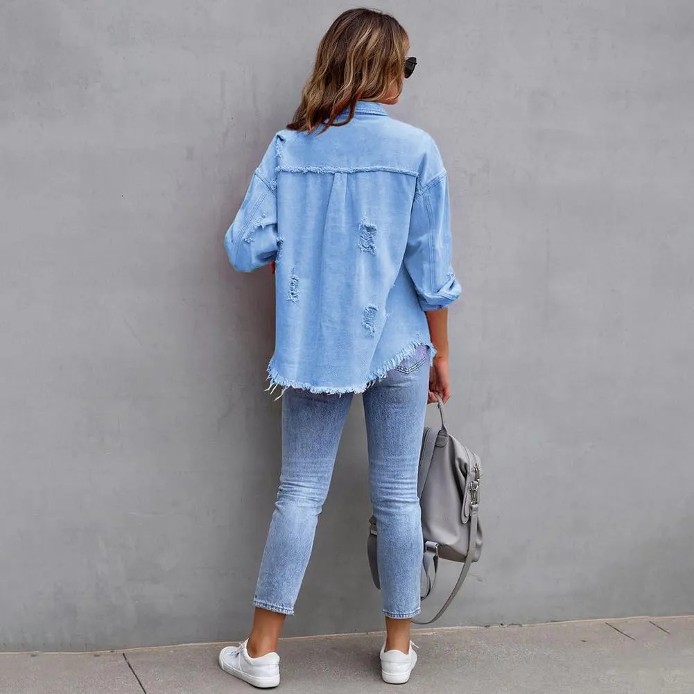 Women's Denim Jackets Ripped Distressed Denim Jackets Long Sleeve Casual Jean Coat Basic Trucker Jackets