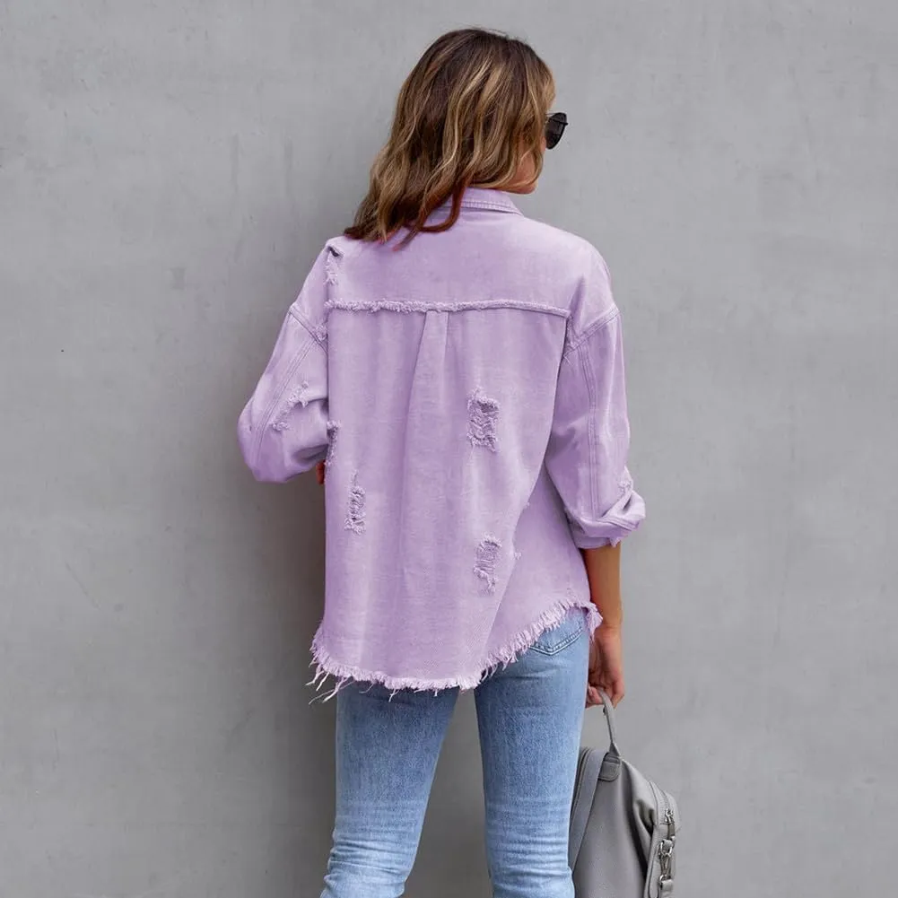 Women's Denim Jackets Ripped Distressed Denim Jackets Long Sleeve Casual Jean Coat Basic Trucker Jackets