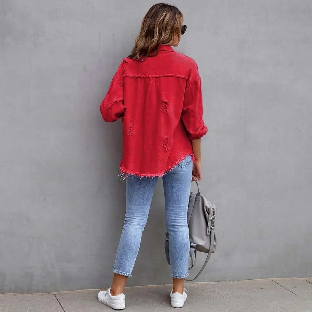 Women's Denim Jackets Ripped Distressed Denim Jackets Long Sleeve Casual Jean Coat Basic Trucker Jackets