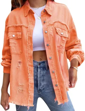 Women's Denim Jackets Ripped Distressed Denim Jackets Long Sleeve Casual Jean Coat Basic Trucker Jackets