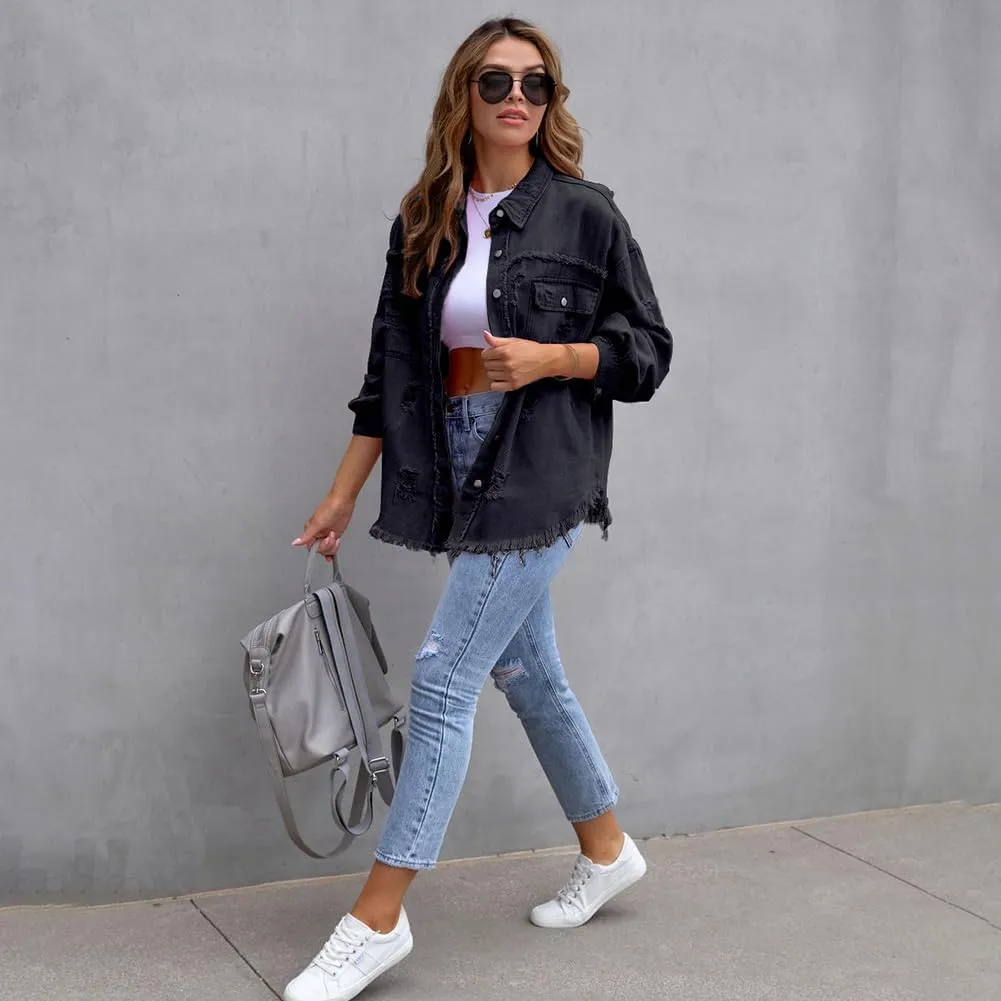 Women's Denim Jackets Ripped Distressed Denim Jackets Long Sleeve Casual Jean Coat Basic Trucker Jackets