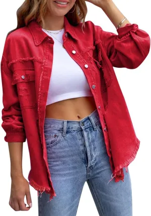 Women's Denim Jackets Ripped Distressed Denim Jackets Long Sleeve Casual Jean Coat Basic Trucker Jackets