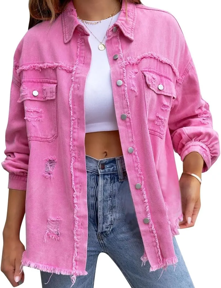 Women's Denim Jackets Ripped Distressed Denim Jackets Long Sleeve Casual Jean Coat Basic Trucker Jackets