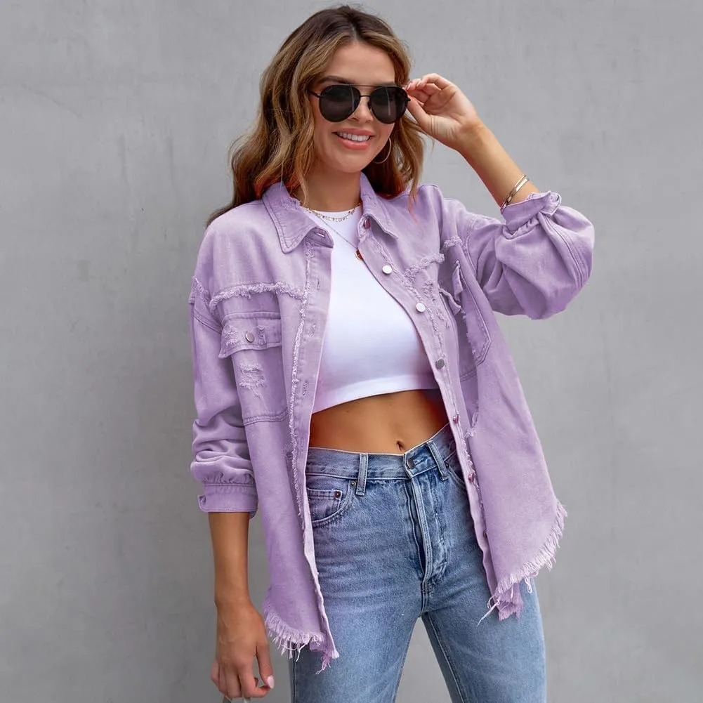 Women's Denim Jackets Ripped Distressed Denim Jackets Long Sleeve Casual Jean Coat Basic Trucker Jackets