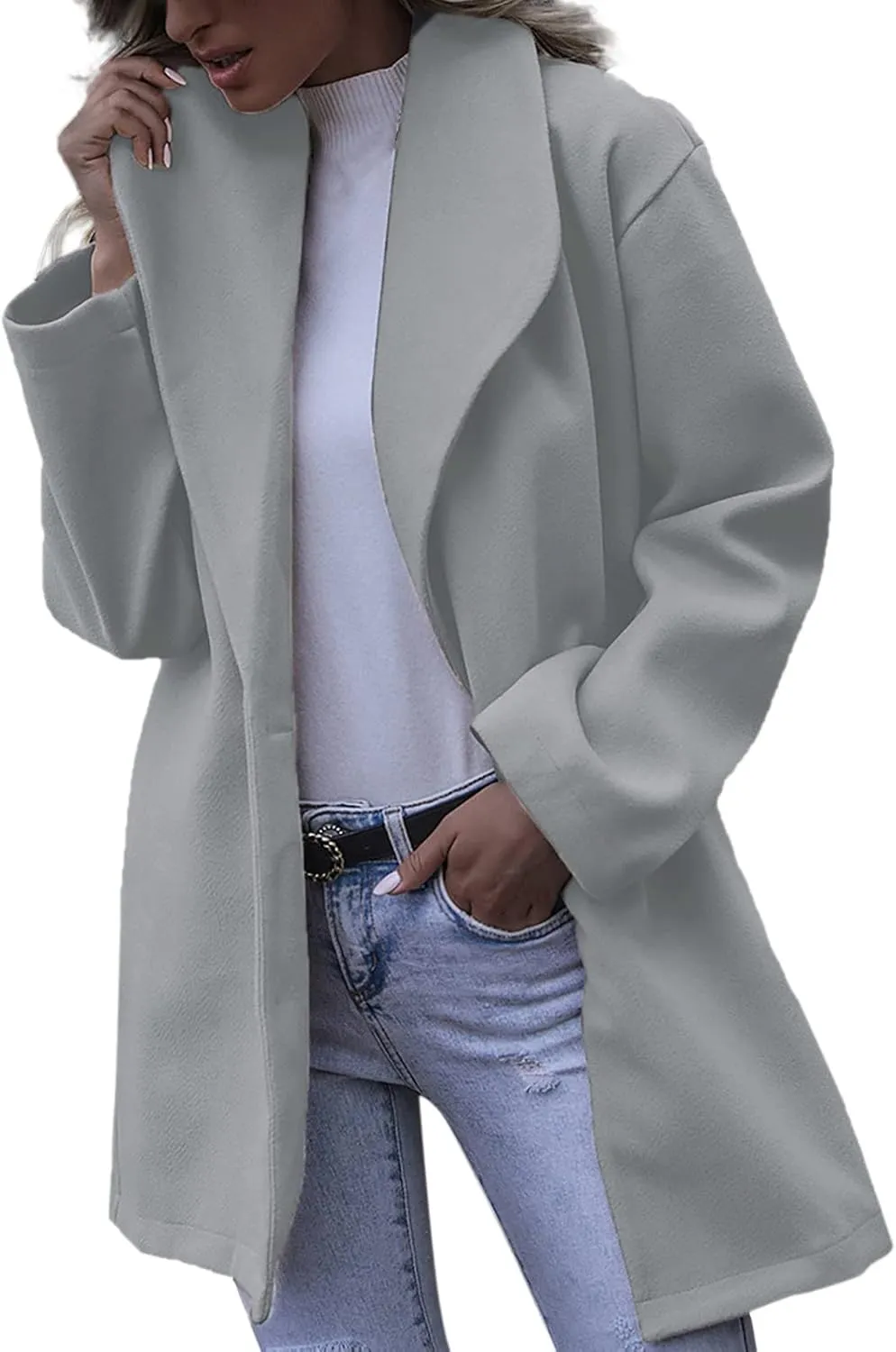 Women's Double Breasted Long Trench Coat Elegant Open Front Slimming Winter Wool Blend Warm Coat Cardigans Topcoat Grey