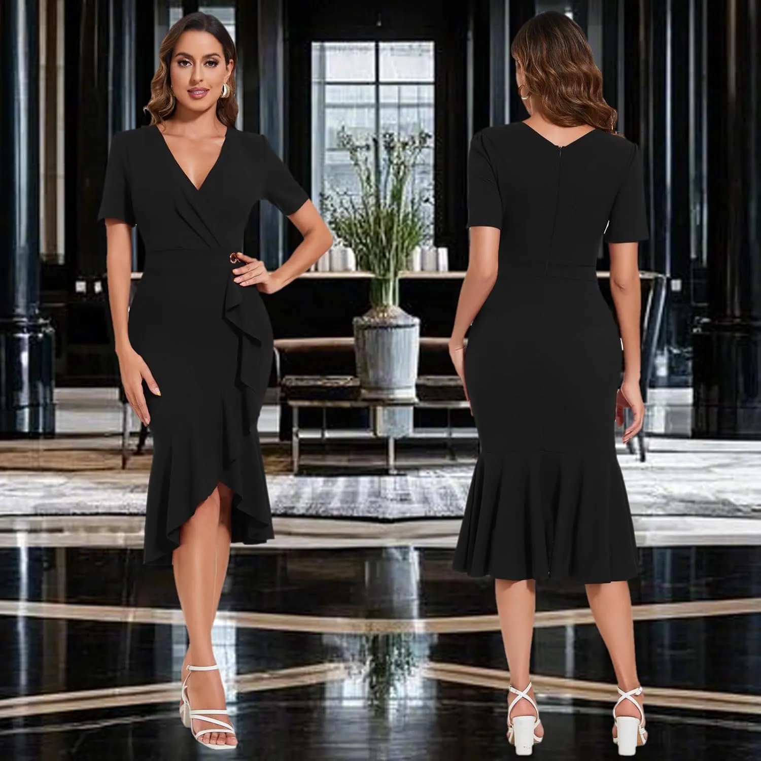 Women's Elegant Mermaid Bodycon Wrap Dress Deep V Neck Short Sleeve Work Business Ruched Church Midi Dresses