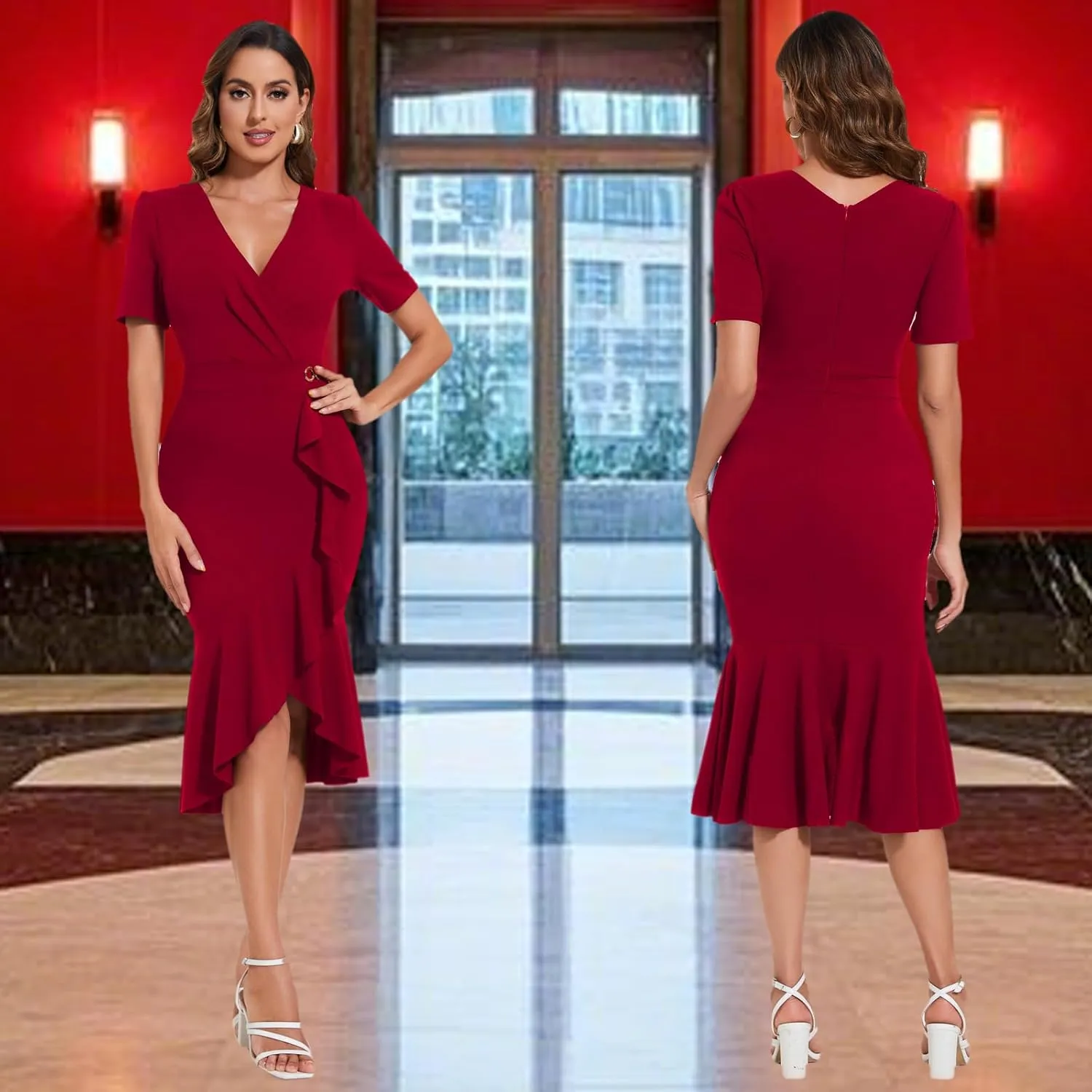 Women's Elegant Mermaid Bodycon Wrap Dress Deep V Neck Short Sleeve Work Business Ruched Church Midi Dresses