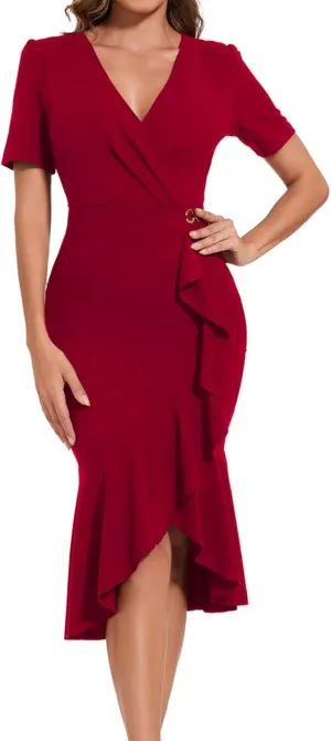 Women's Elegant Mermaid Bodycon Wrap Dress Deep V Neck Short Sleeve Work Business Ruched Church Midi Dresses