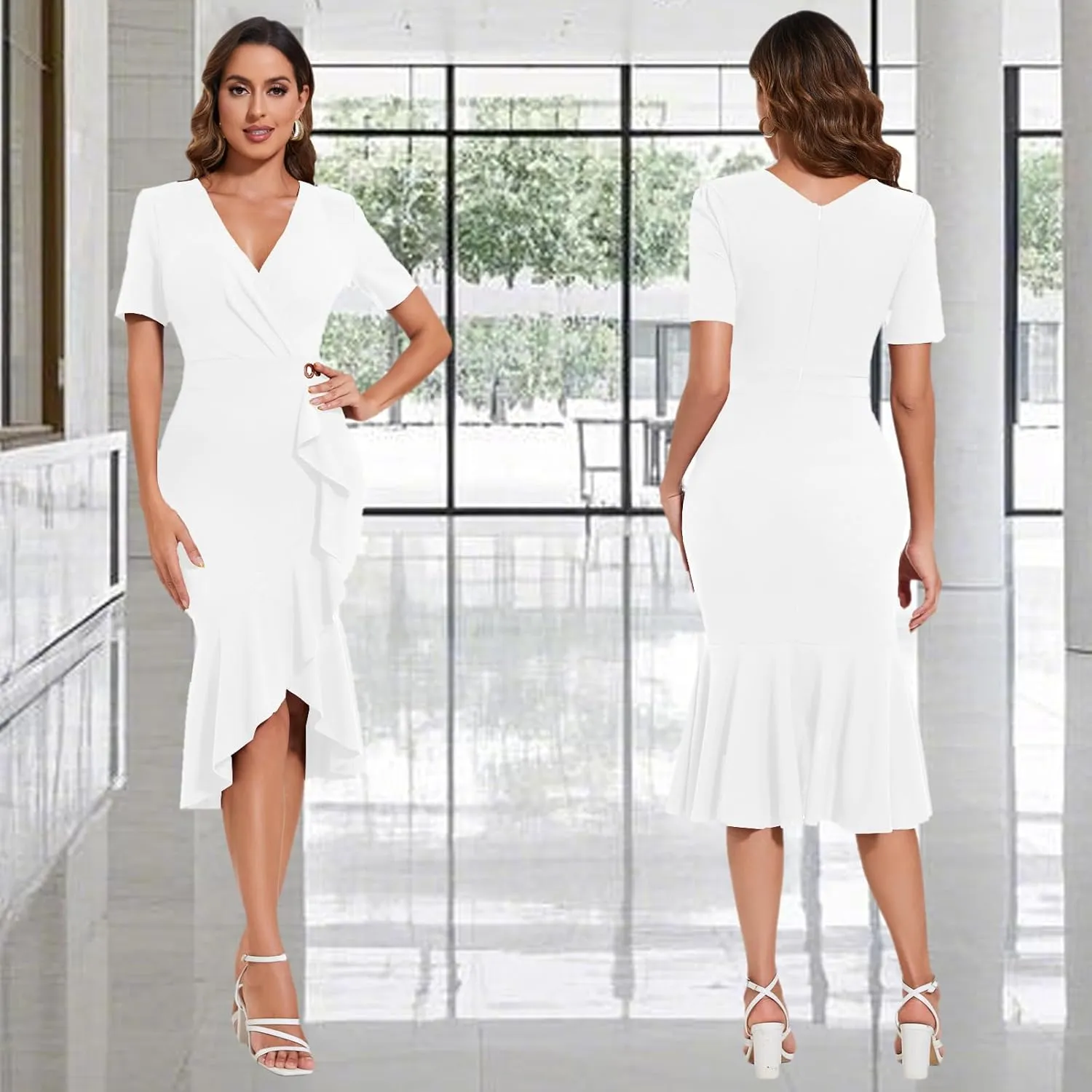 Women's Elegant Mermaid Bodycon Wrap Dress Deep V Neck Short Sleeve Work Business Ruched Church Midi Dresses