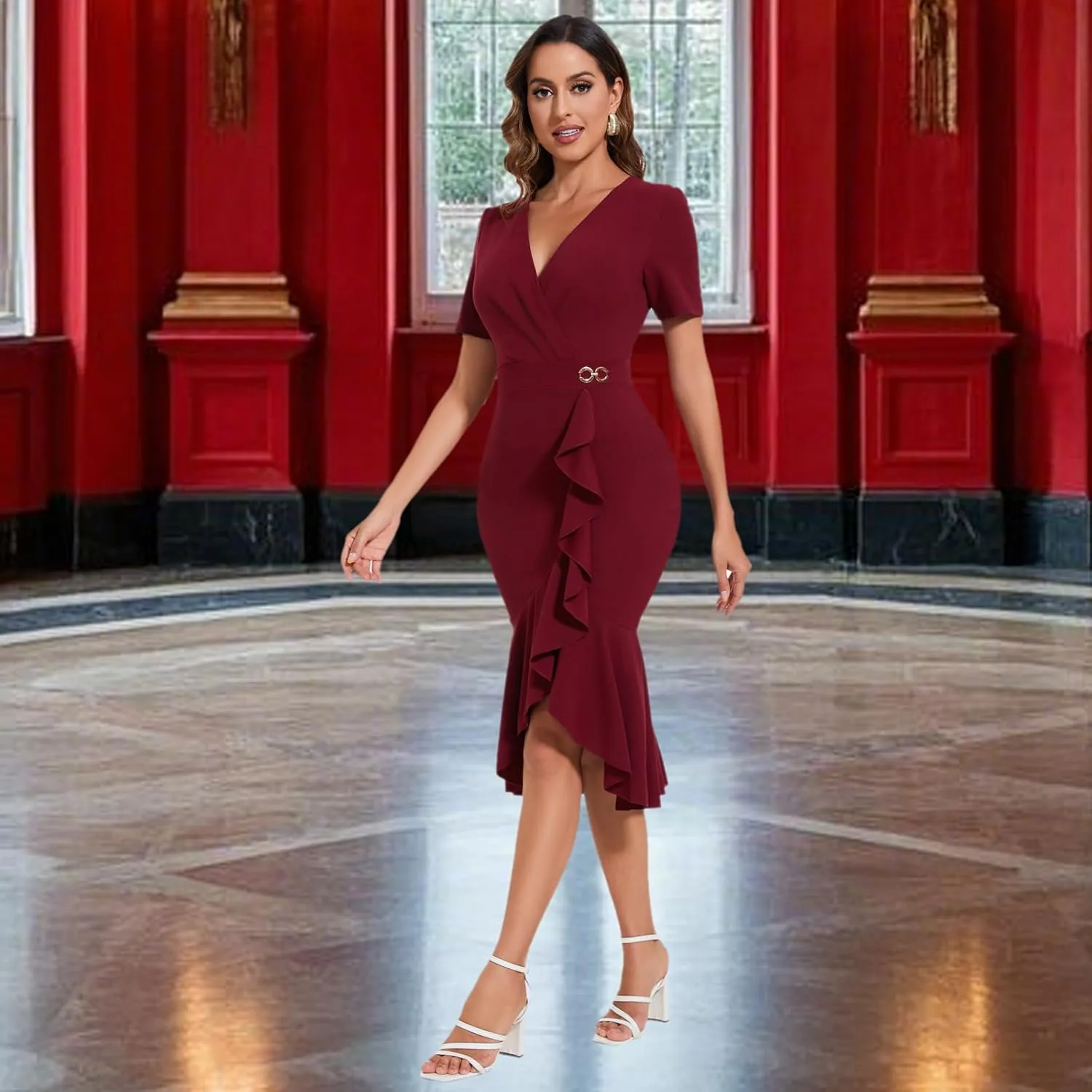 Women's Elegant Mermaid Bodycon Wrap Dress Deep V Neck Short Sleeve Work Business Ruched Church Midi Dresses