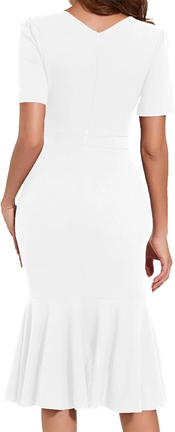 Women's Elegant Mermaid Bodycon Wrap Dress Deep V Neck Short Sleeve Work Business Ruched Church Midi Dresses