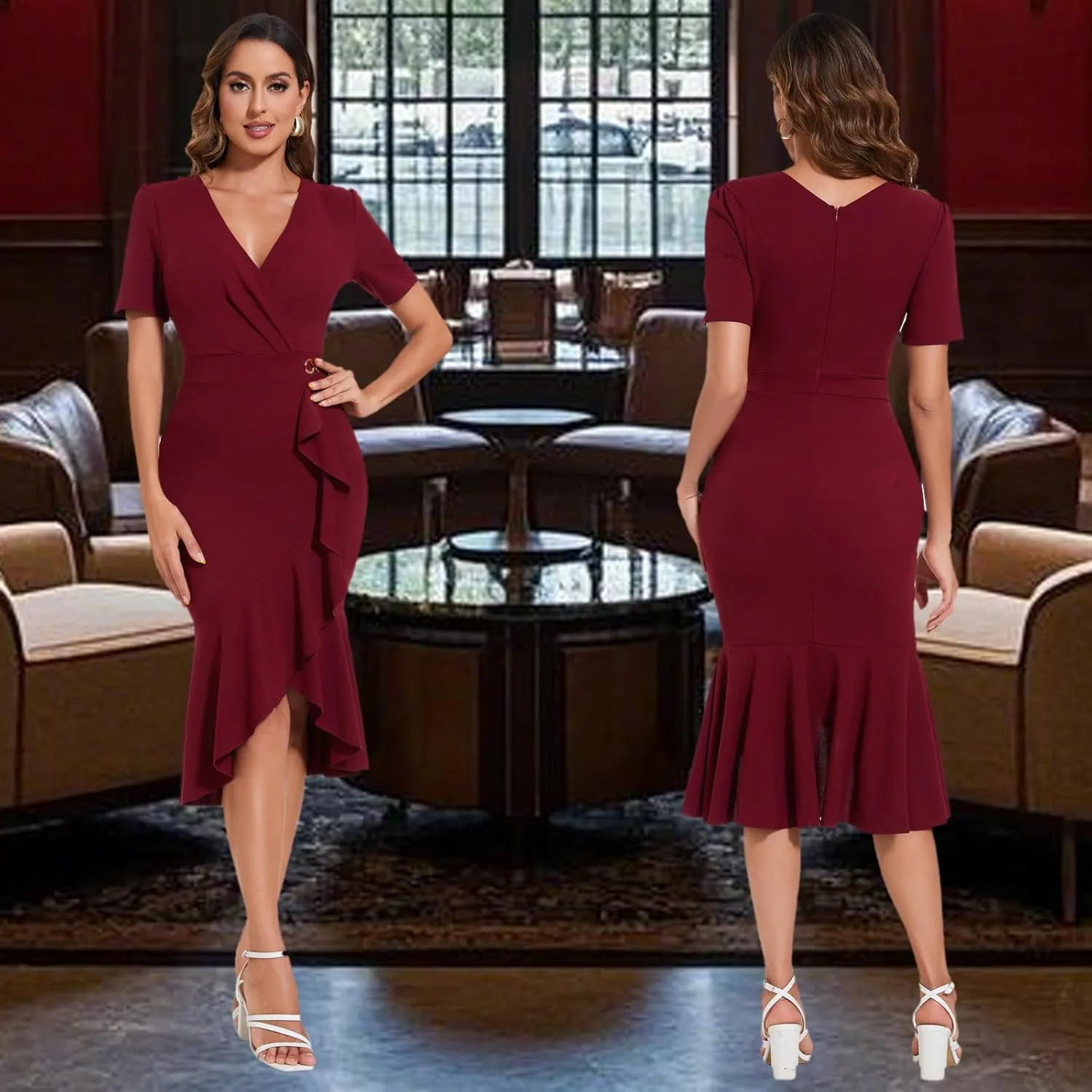 Women's Elegant Mermaid Bodycon Wrap Dress Deep V Neck Short Sleeve Work Business Ruched Church Midi Dresses