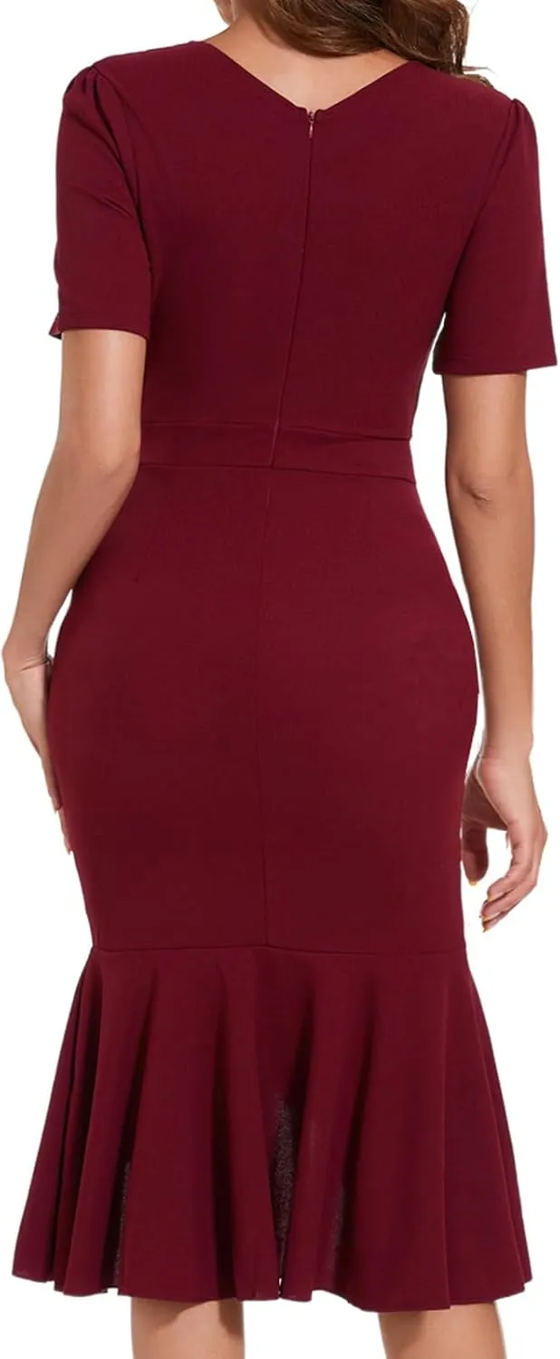 Women's Elegant Mermaid Bodycon Wrap Dress Deep V Neck Short Sleeve Work Business Ruched Church Midi Dresses