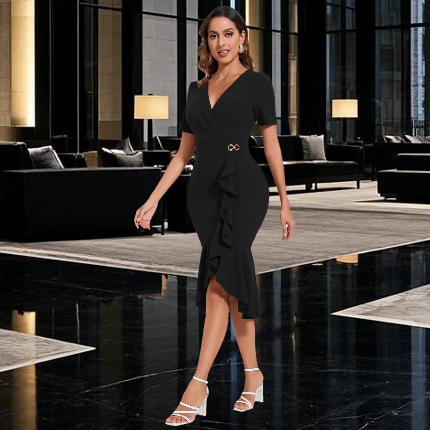 Women's Elegant Mermaid Bodycon Wrap Dress Deep V Neck Short Sleeve Work Business Ruched Church Midi Dresses
