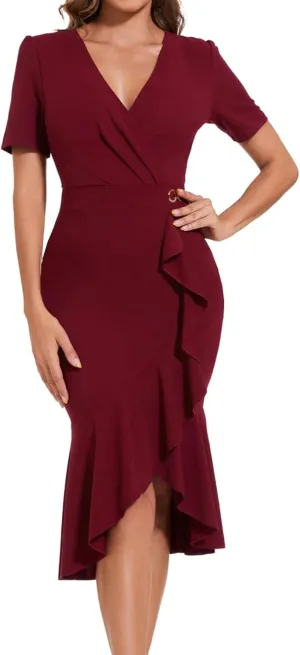 Women's Elegant Mermaid Bodycon Wrap Dress Deep V Neck Short Sleeve Work Business Ruched Church Midi Dresses