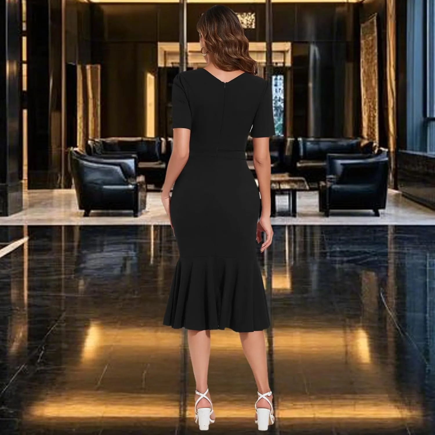 Women's Elegant Mermaid Bodycon Wrap Dress Deep V Neck Short Sleeve Work Business Ruched Church Midi Dresses