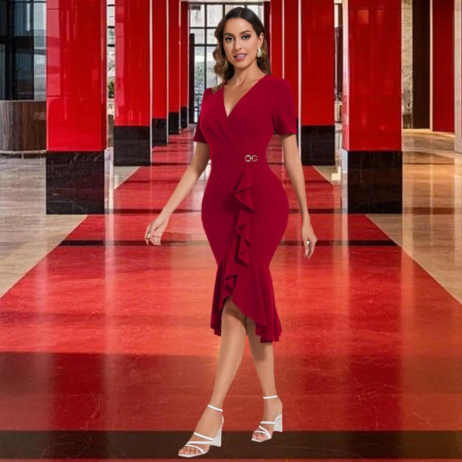 Women's Elegant Mermaid Bodycon Wrap Dress Deep V Neck Short Sleeve Work Business Ruched Church Midi Dresses