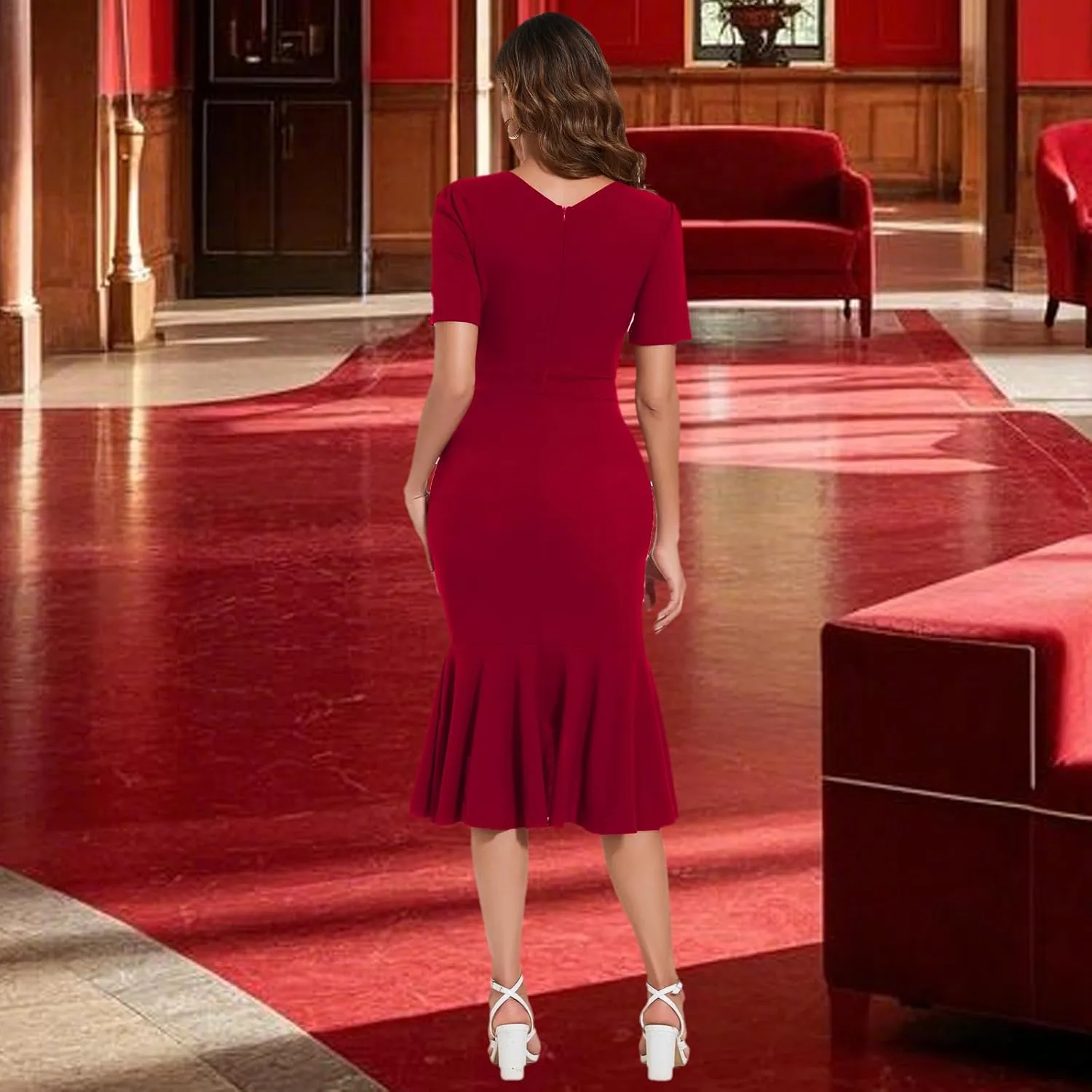 Women's Elegant Mermaid Bodycon Wrap Dress Deep V Neck Short Sleeve Work Business Ruched Church Midi Dresses