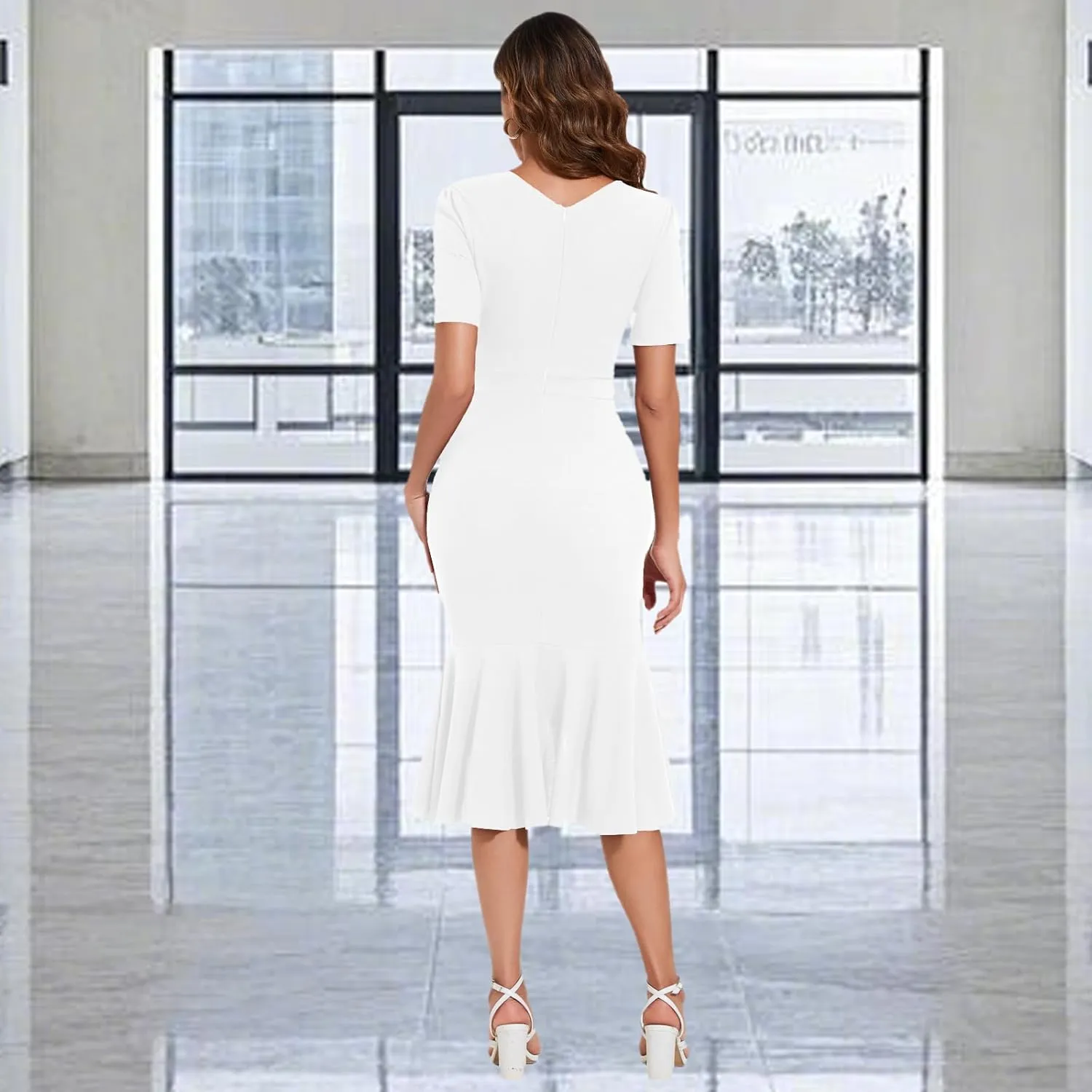 Women's Elegant Mermaid Bodycon Wrap Dress Deep V Neck Short Sleeve Work Business Ruched Church Midi Dresses
