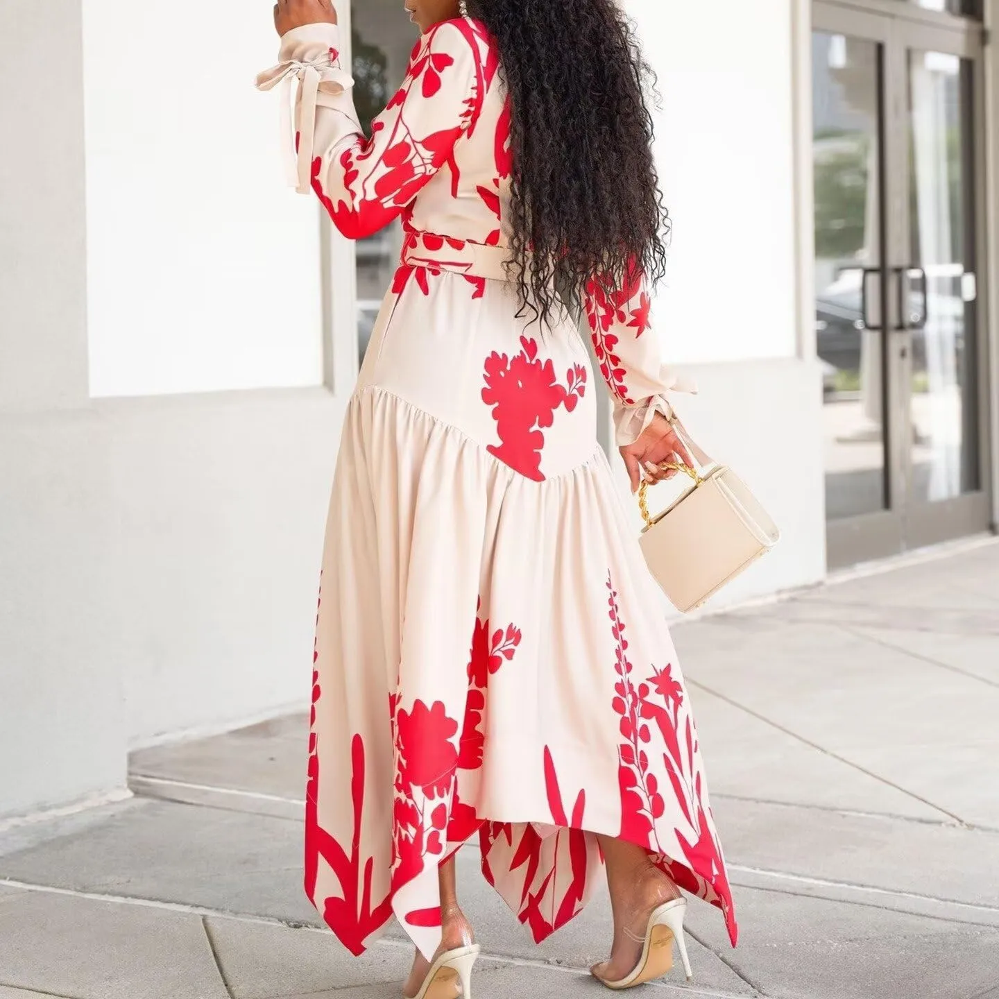 Women's Fall Long Sleeve Midi Dress Wrap Boho Floral Print Ruffle Tiered High Waist Flowy Long Dress with Belt