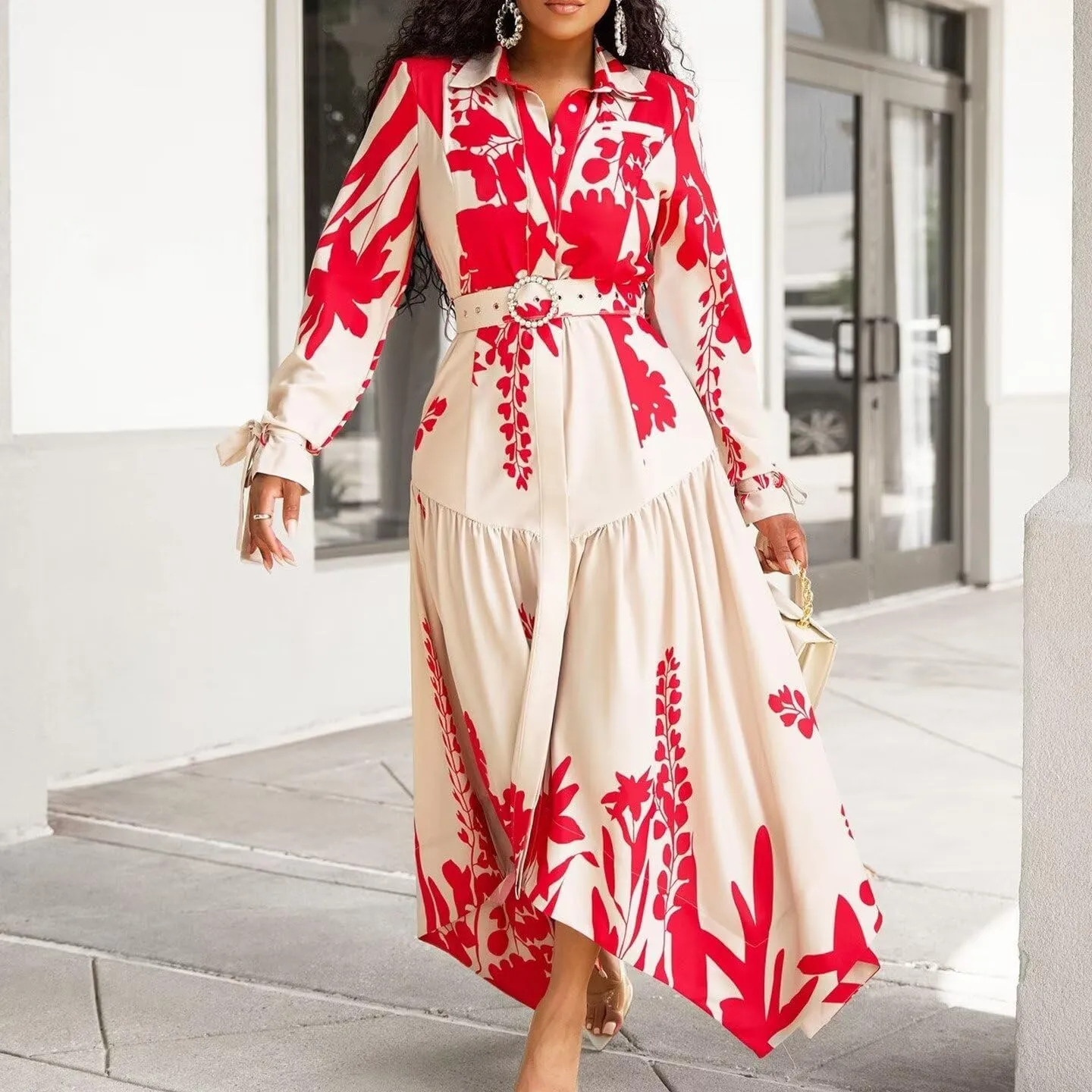 Women's Fall Long Sleeve Midi Dress Wrap Boho Floral Print Ruffle Tiered High Waist Flowy Long Dress with Belt