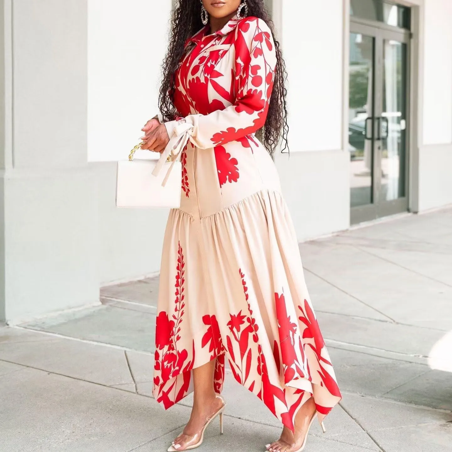 Women's Fall Long Sleeve Midi Dress Wrap Boho Floral Print Ruffle Tiered High Waist Flowy Long Dress with Belt