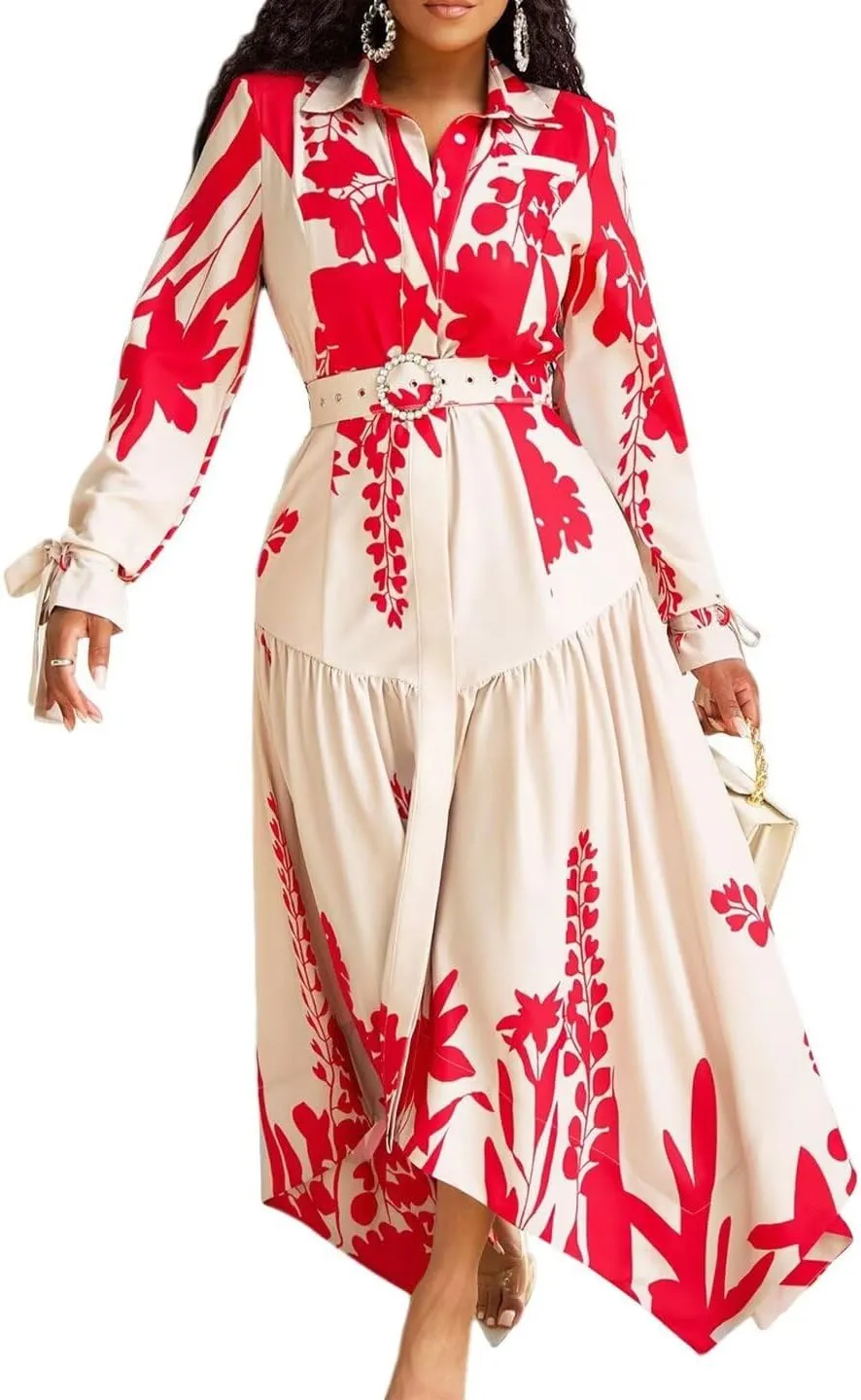 Women's Fall Long Sleeve Midi Dress Wrap Boho Floral Print Ruffle Tiered High Waist Flowy Long Dress with Belt