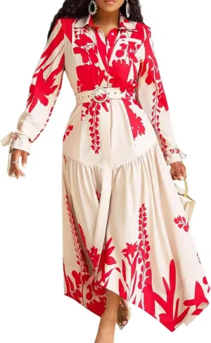 Women's Fall Long Sleeve Midi Dress Wrap Boho Floral Print Ruffle Tiered High Waist Flowy Long Dress with Belt