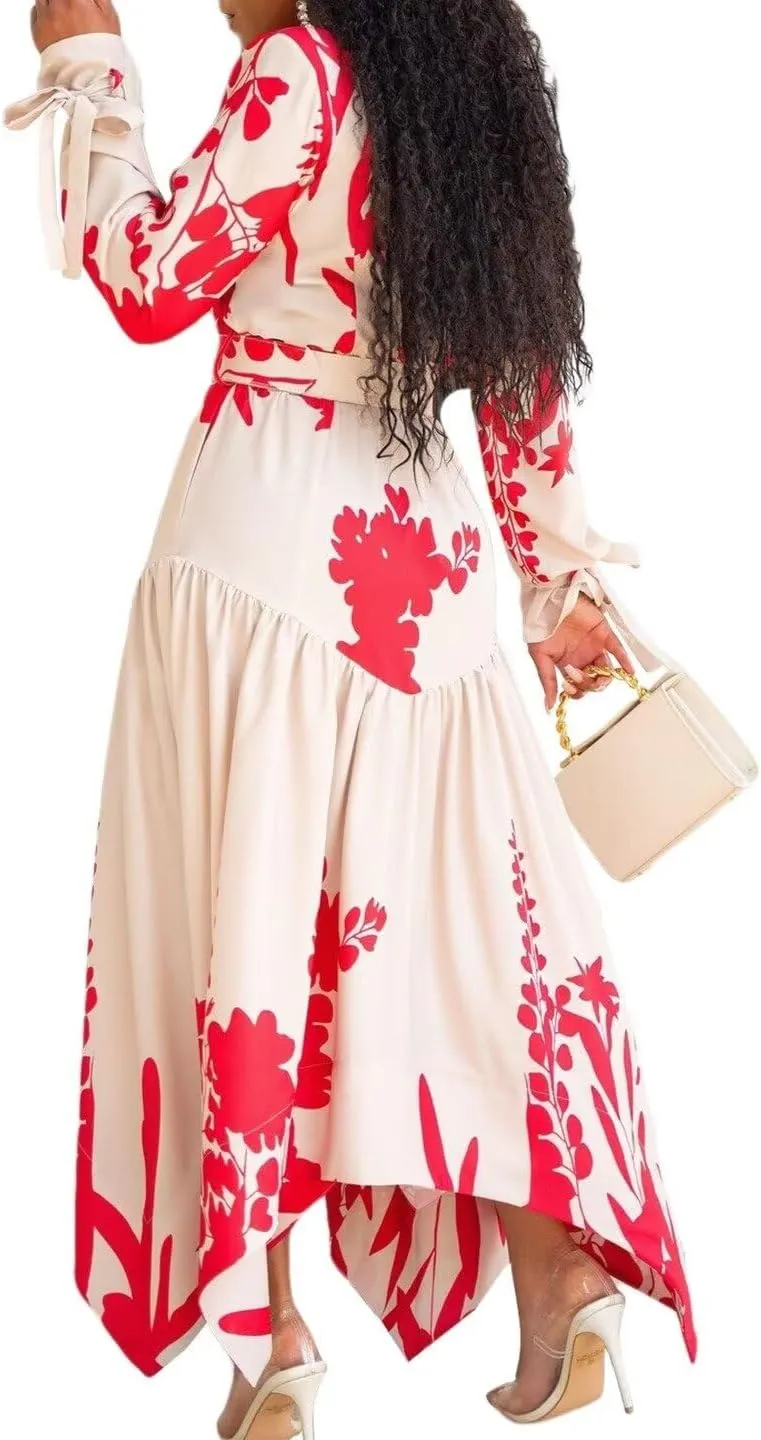 Women's Fall Long Sleeve Midi Dress Wrap Boho Floral Print Ruffle Tiered High Waist Flowy Long Dress with Belt