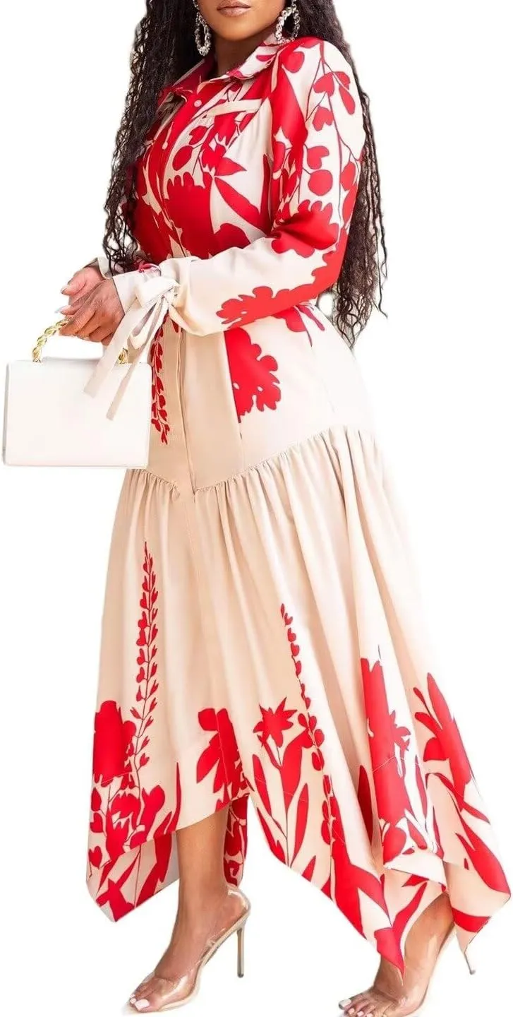 Women's Fall Long Sleeve Midi Dress Wrap Boho Floral Print Ruffle Tiered High Waist Flowy Long Dress with Belt